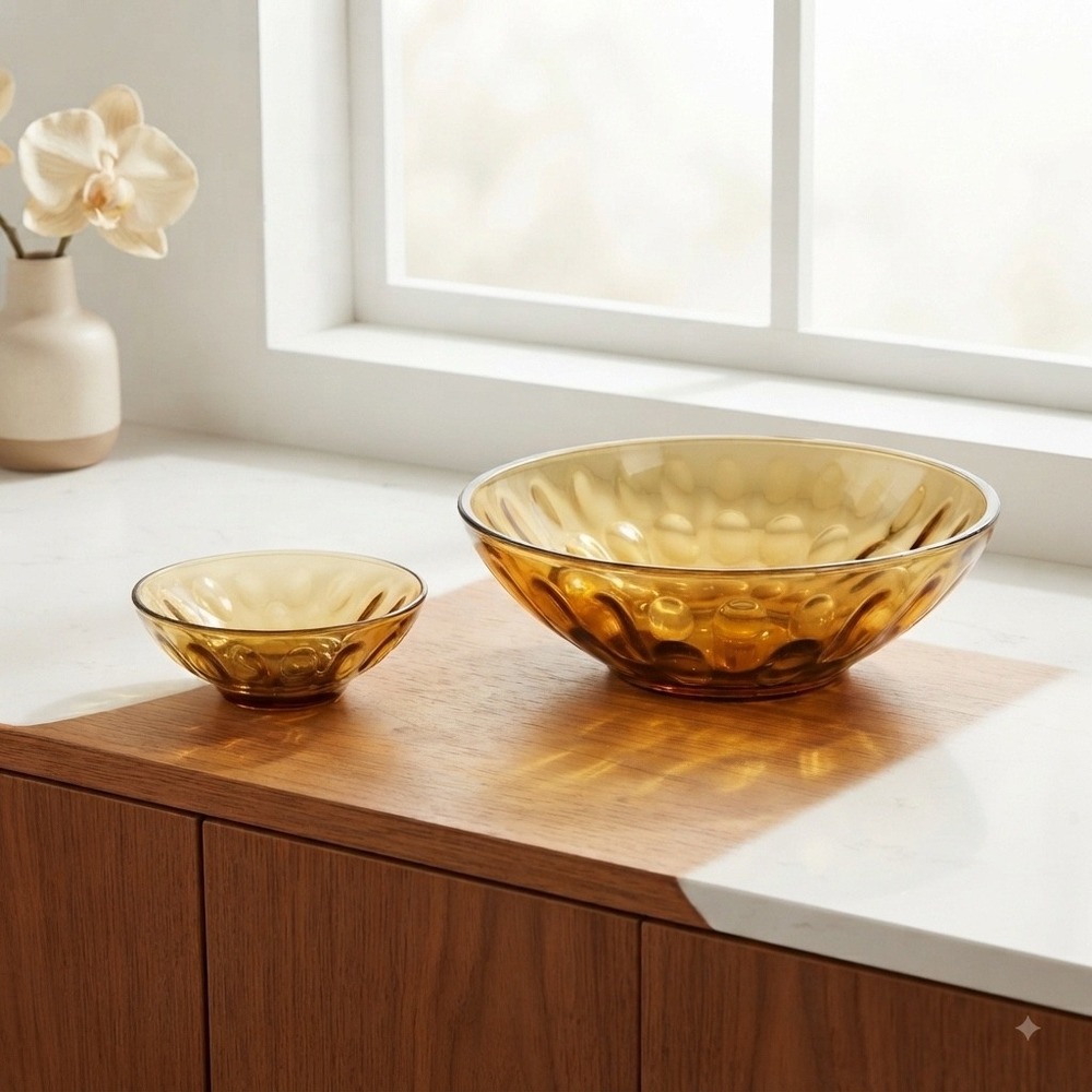 Vintage Amber Glass Thumbprint Nesting Bowl Set Mid Century Modern 2 Piece Gold